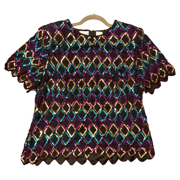 Tops - Sténay Sequin Top 1X Plus Size Multi-Color Diamond Pattern Glam Festive‎